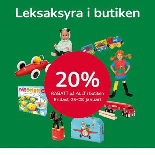 Allt i butiken 20% rabatt! 🚂🦄🦖Kom och fynda i vår fina leksaksbutik på BRIOgatan 1 i Osby. ⚽️🎲♟🚗🚒Gäller endast 25-28 januari! Öppet onsdag - fredag 10-18. Lördag 10-14. Välkomna! 😃

 #brio #leksaker #osby  #alga